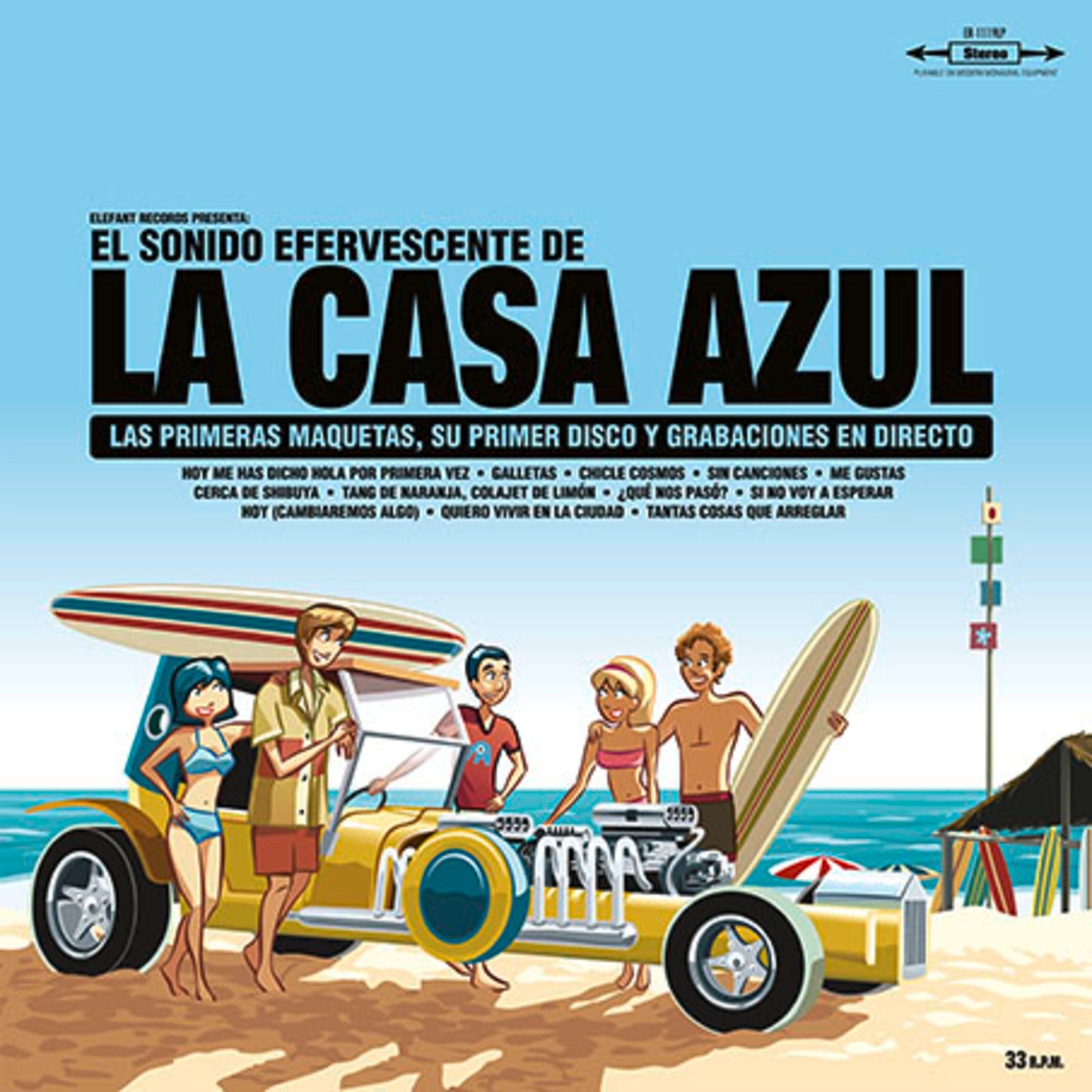 Vinyl record cover: "La Casa Azul" with cartoon beach scene.