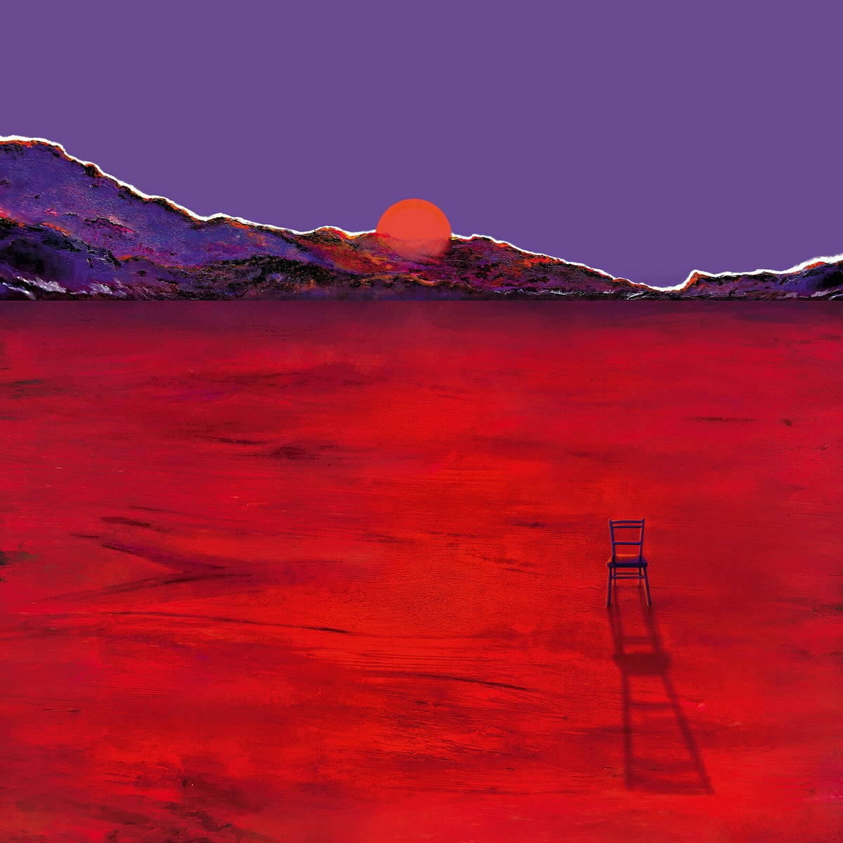 Red landscape with a single blue chair facing a sunset.