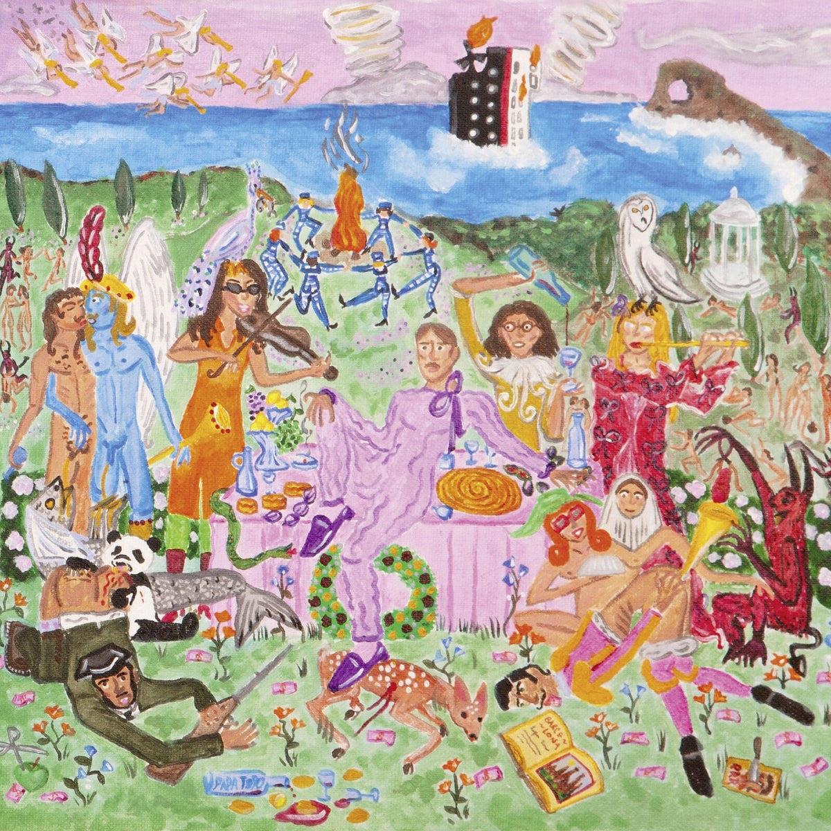 Surreal, colorful painting depicting a crowded, fantastical outdoor scene.