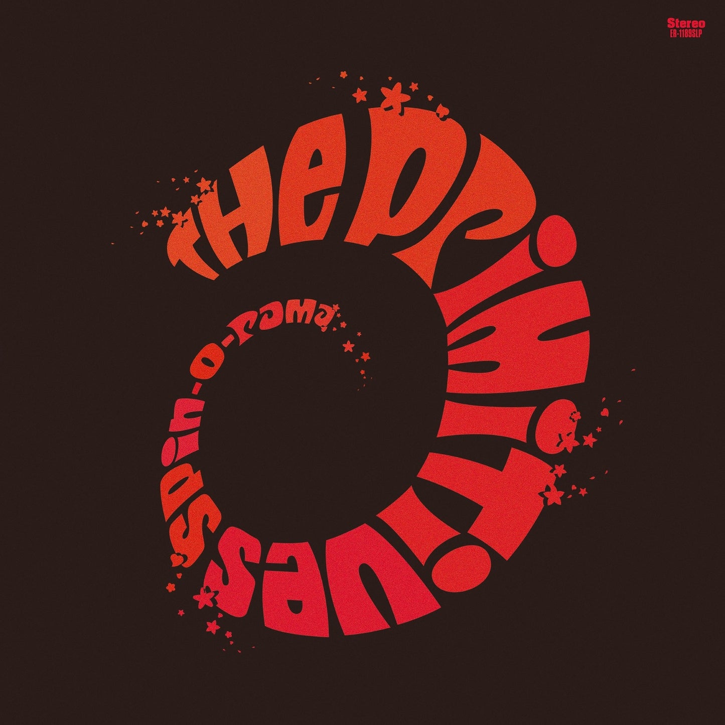 Vinyl record cover with swirling text and starbursts on a dark background.