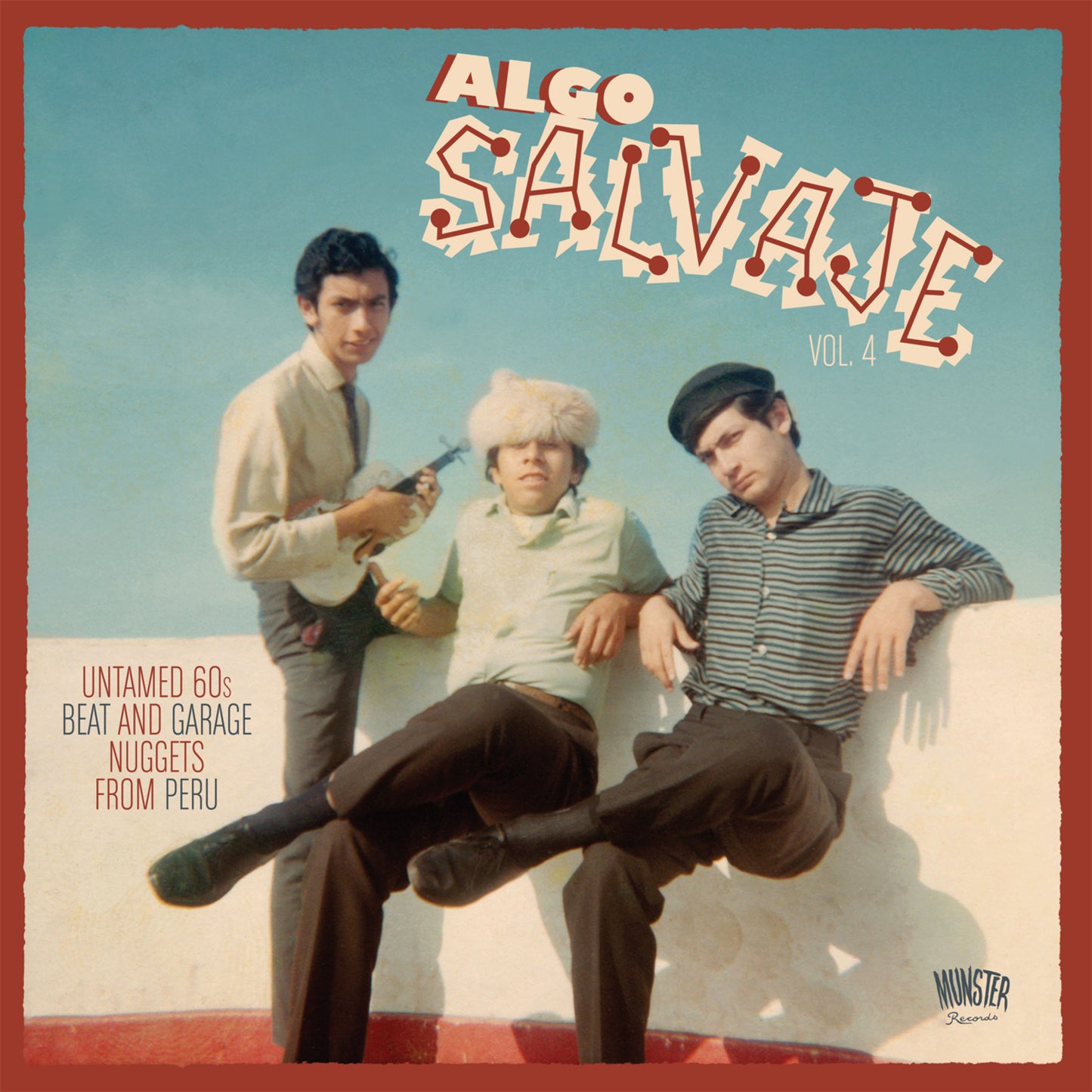 Album cover for "Algo Salvaje Vol. 4" featuring three men in 1960s attire.
