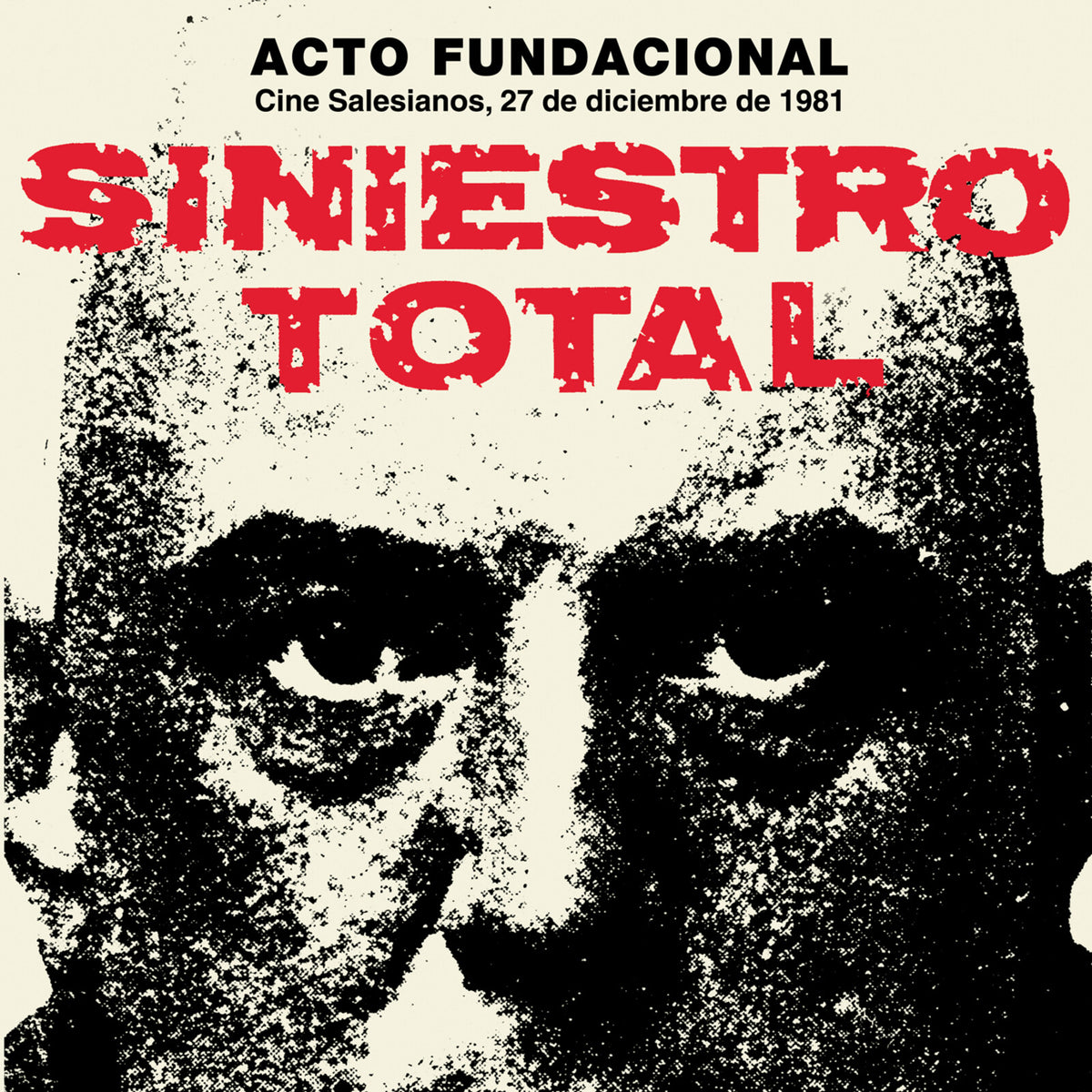 Siniestro Total album cover: distressed red text over black and white faces.