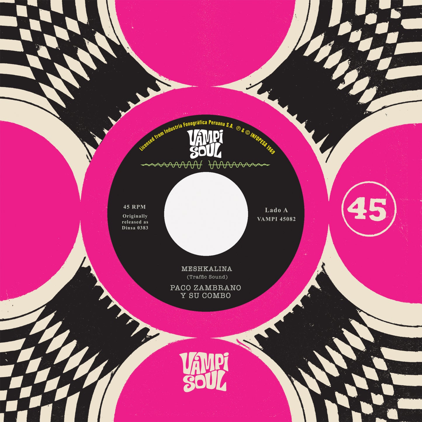 Black and red vinyl record label with text and a central hole.
