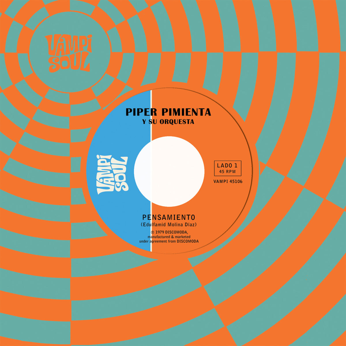 Vinyl record label for Piper Pimienta Y Su Orquesta’s “Pensamiento,” radial design.