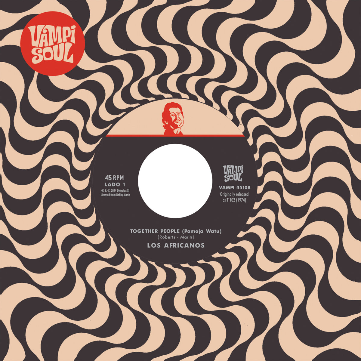 Vinyl record label for Los Africanos’ “Together People” with portrait.