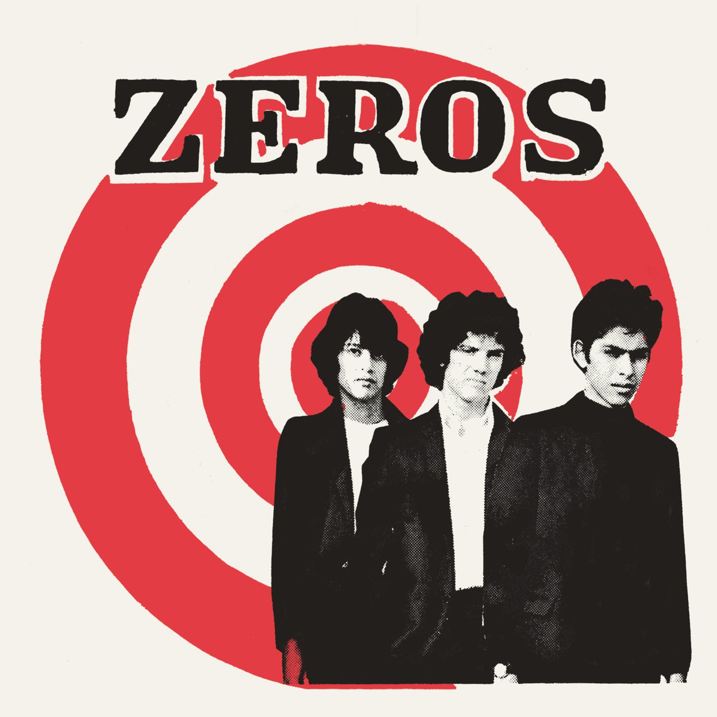 Black and white album cover featuring band Zeros with a red target background.