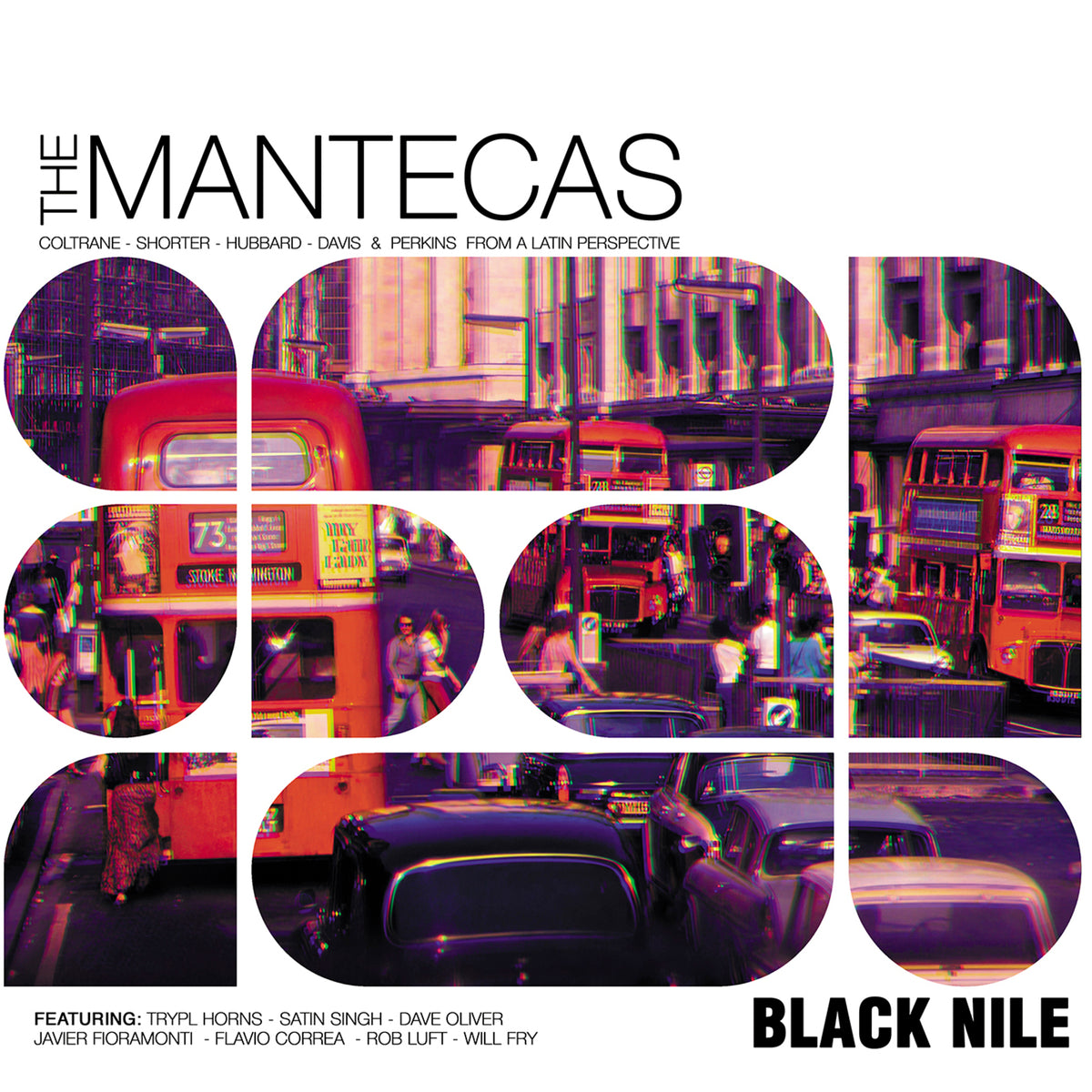 Album cover for "Black Nile" by The Mantecas, featuring London street scenes.