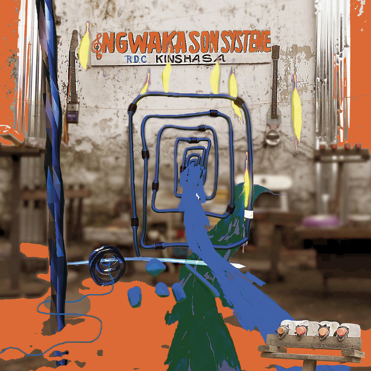 Vinyl record cover: abstract art with blue neon shapes and orange splashes.
