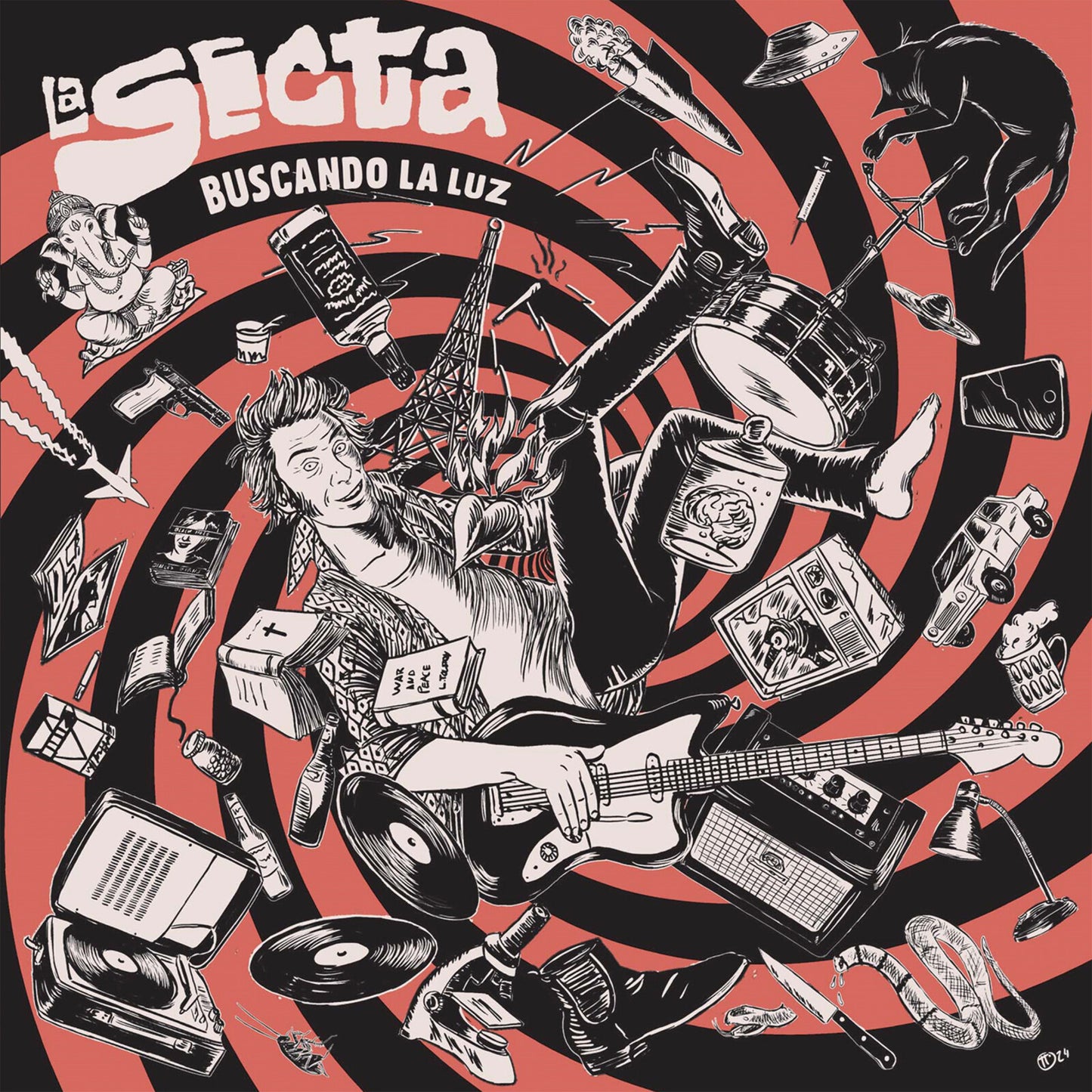 La Secta album cover: black and white illustration with musical instruments.