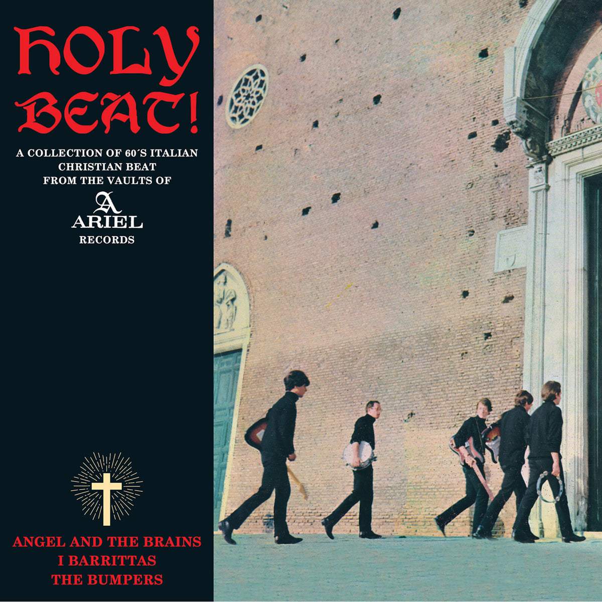 Vinyl record cover: “Holy Beat!” featuring a group walking towards an archway.