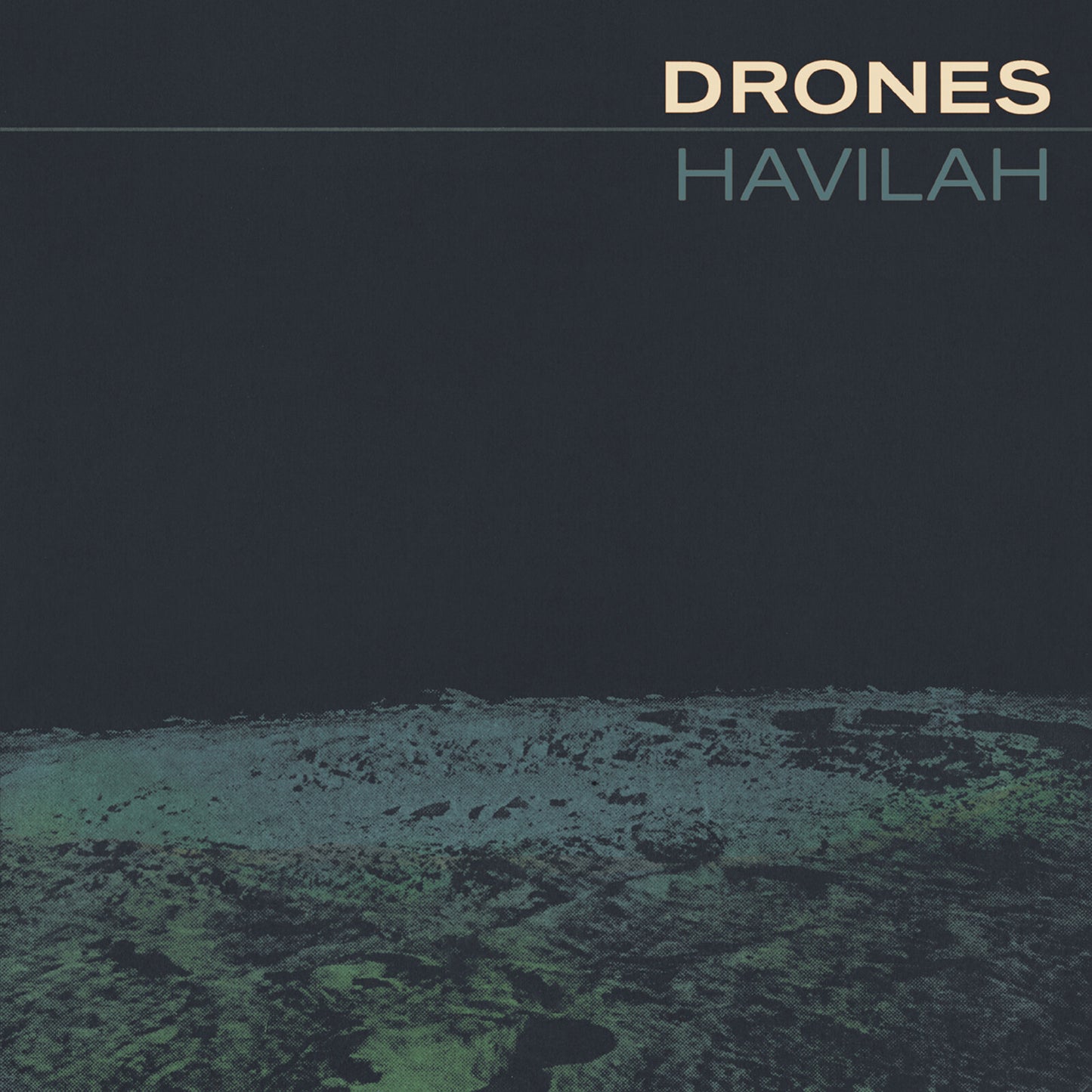 Dark album cover with "DRONES" and "HAVILAH" text over textured green ground.