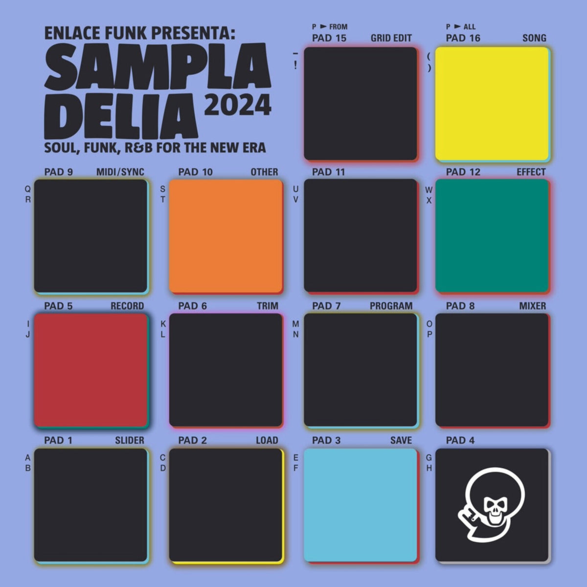 “Sampladelia 2024” vinyl cover with colorful rectangles and a skull graphic.