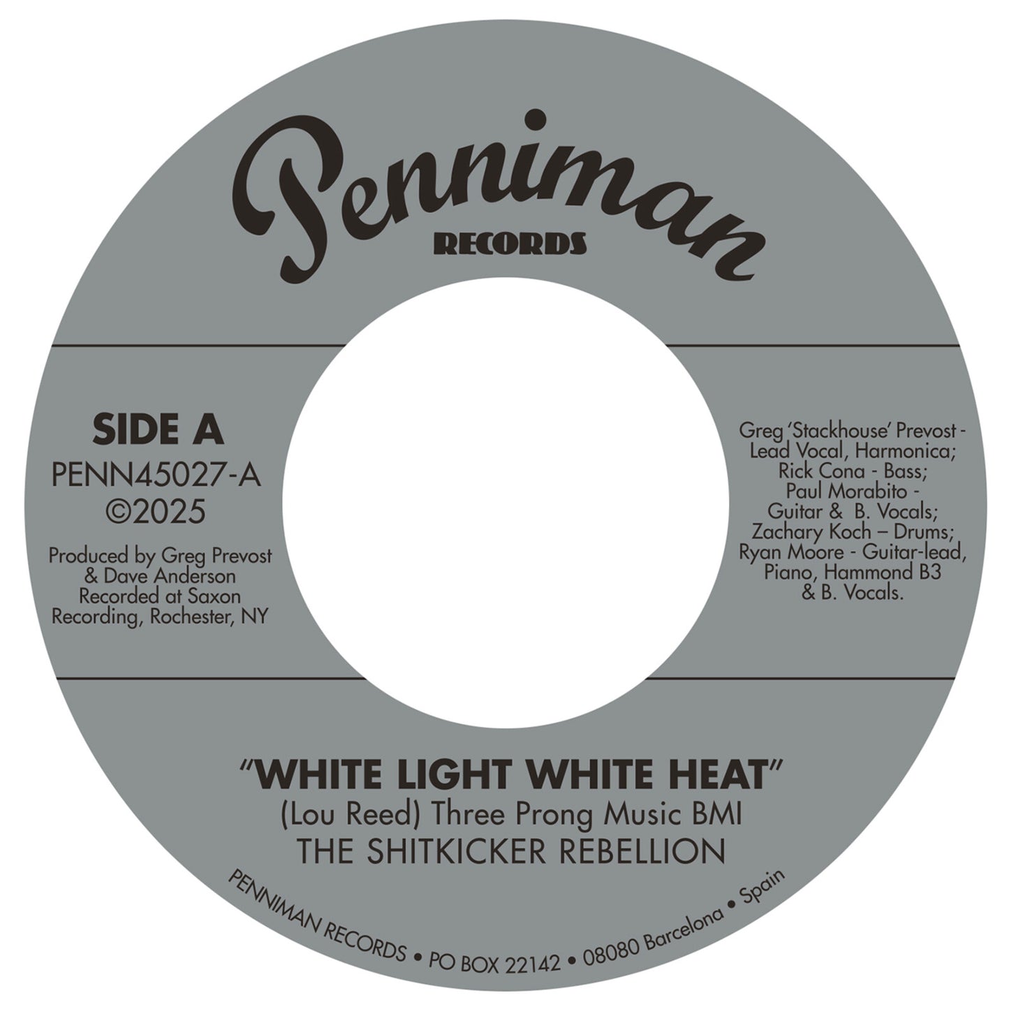 Grey vinyl record label for The Shitkicker Rebellion, White Light White Heat, Penniman Records.