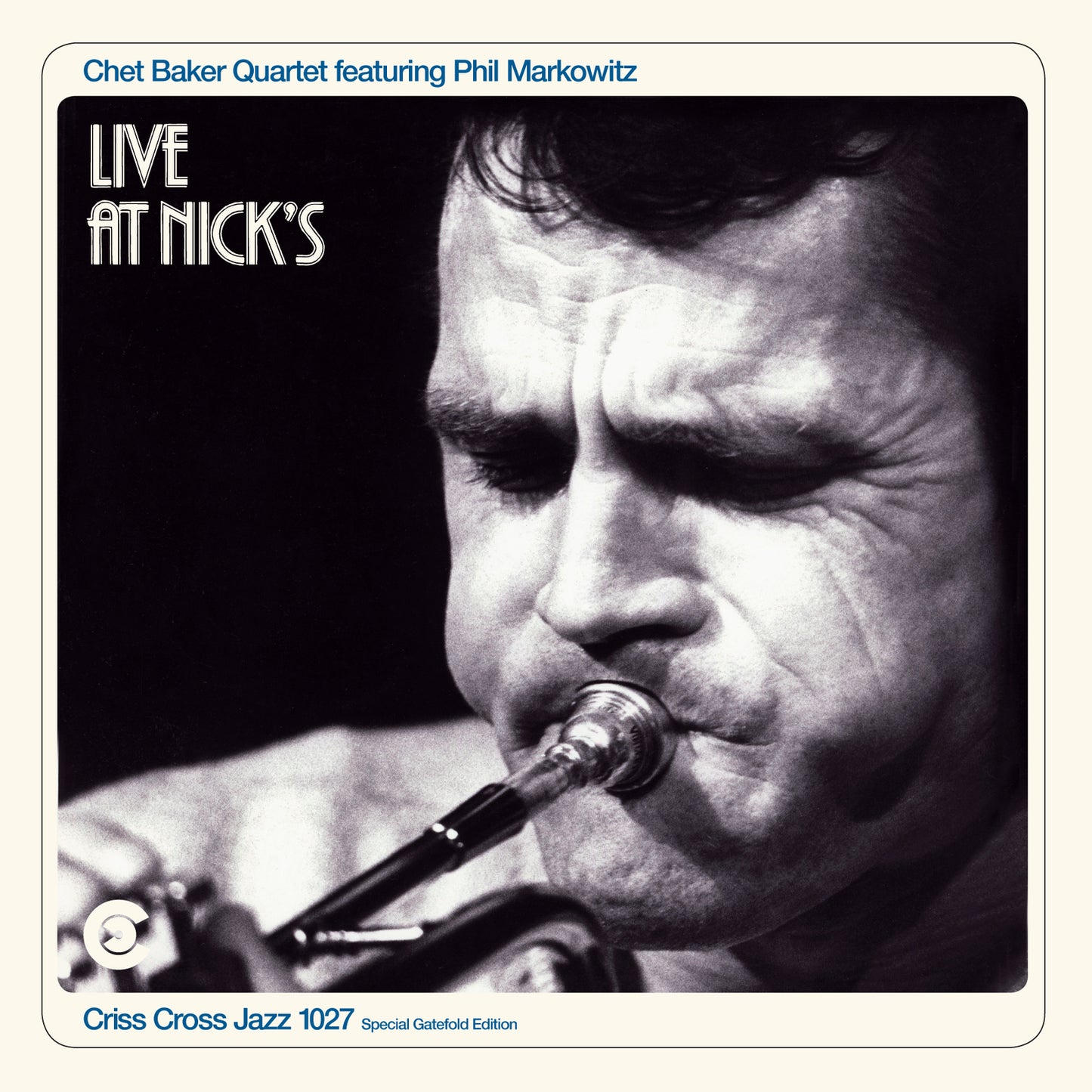 Black and white portrait of Chet Baker playing a trumpet, vinyl album cover.