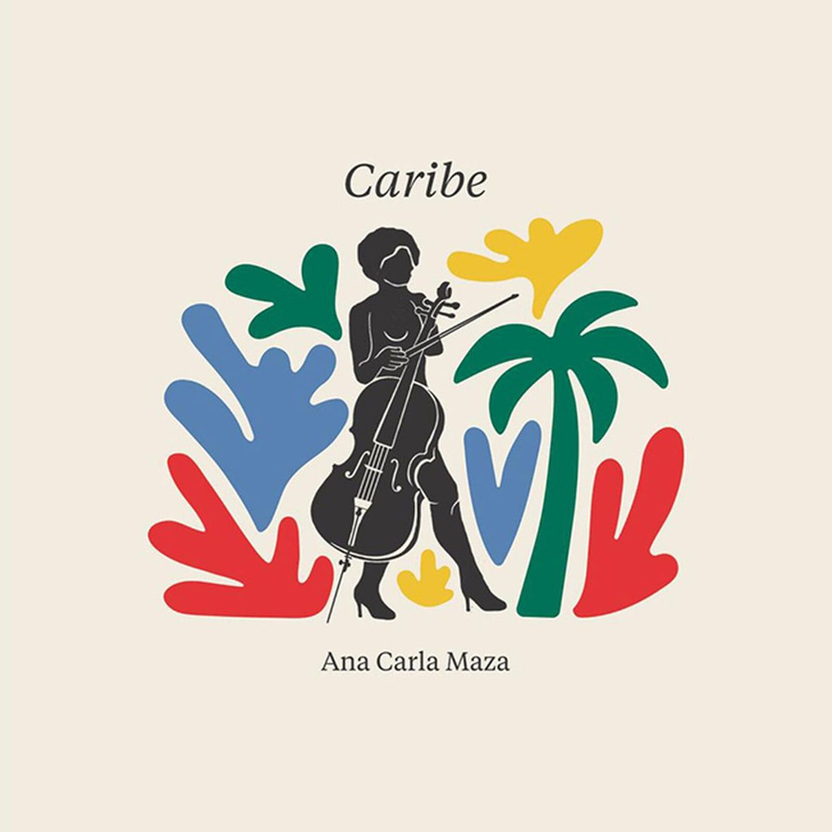 Album cover: cellist silhouetted against colorful abstract tropical foliage.
