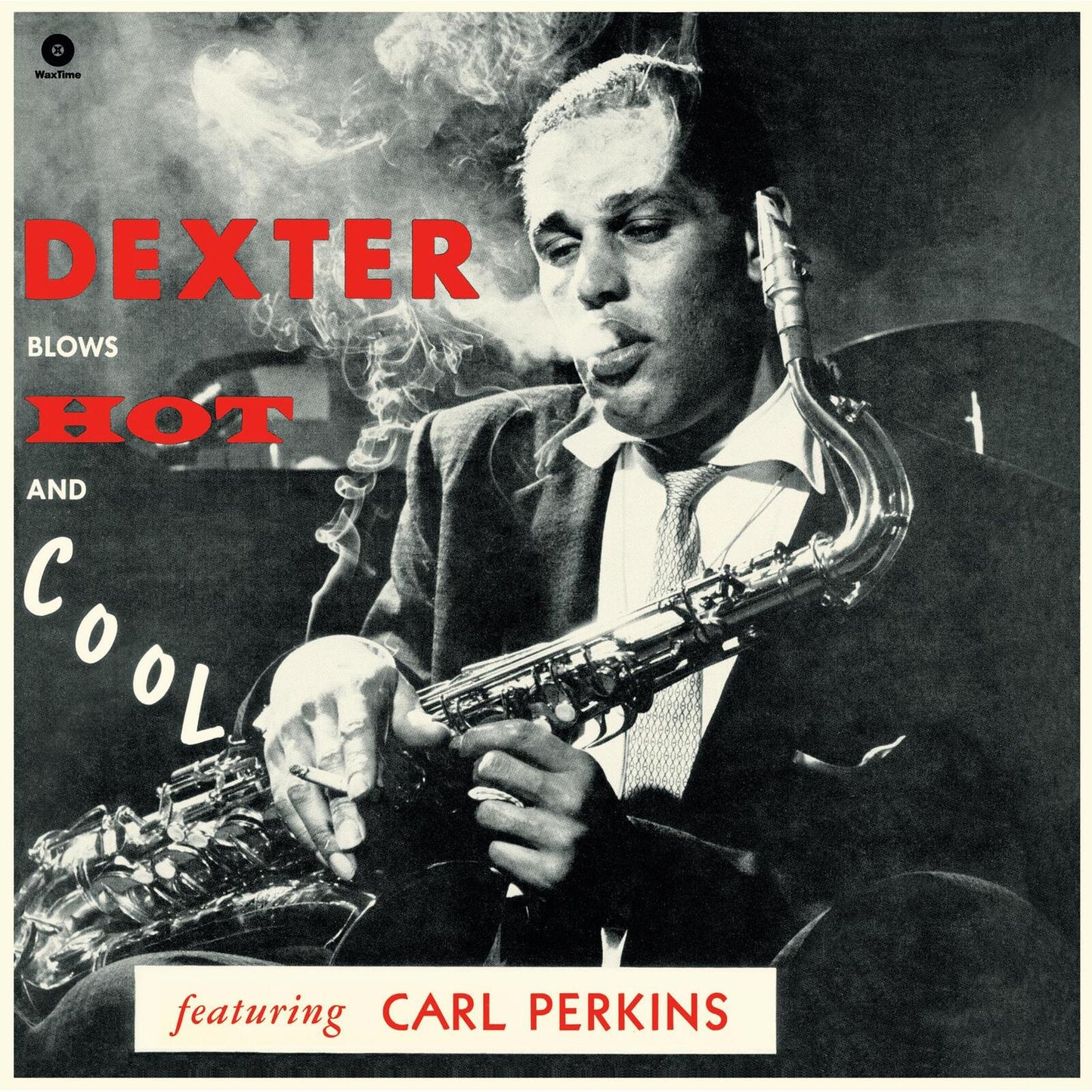 Black and white photo of Dexter Gordon playing saxophone while smoking a cigarette.