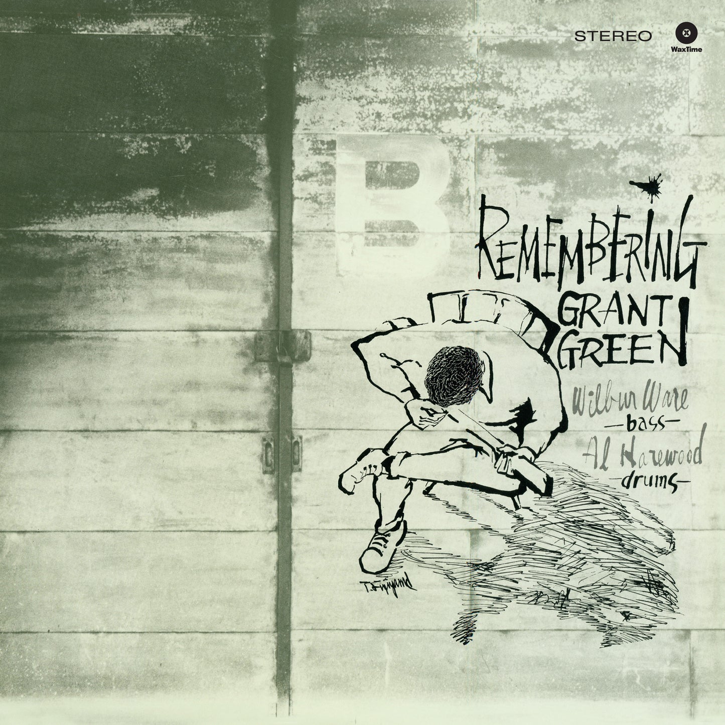 Grant Green “Remembering” vinyl album cover with sketched figure and text.