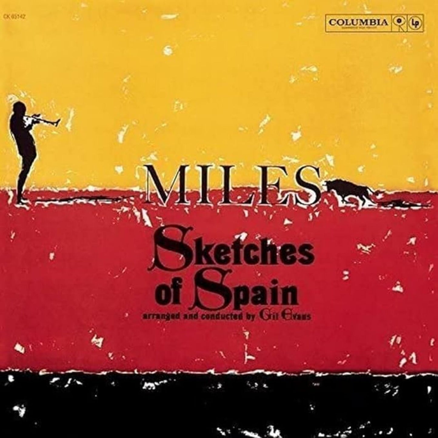 Album cover with a silhouette of a trumpeter and bull against yellow and red.