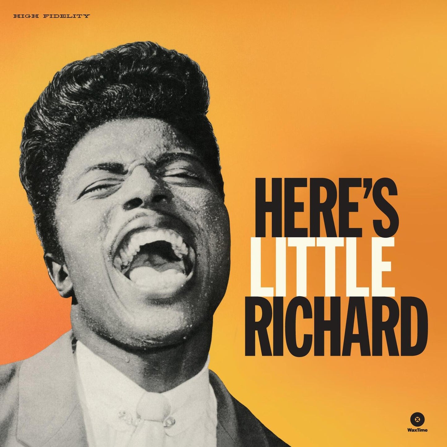 Black and white portrait of Little Richard singing on an orange background.