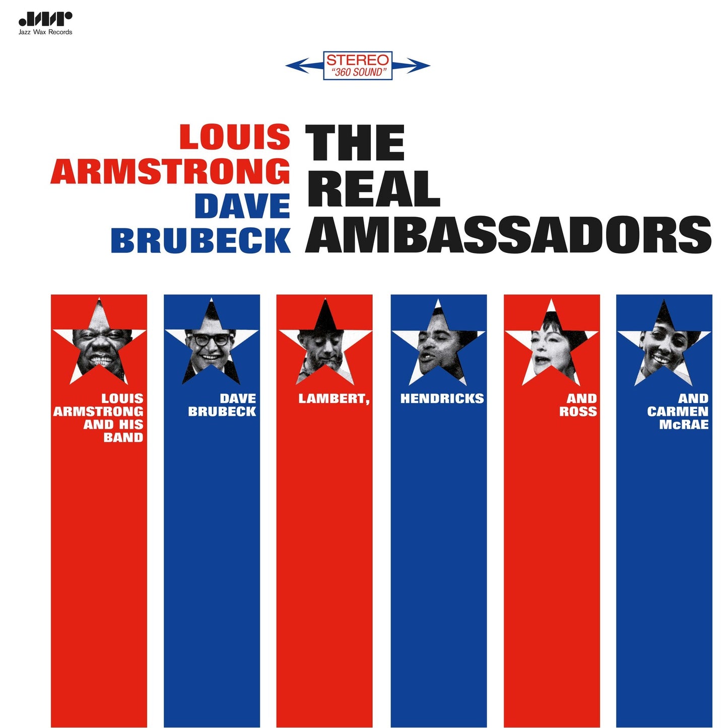 Album cover for The Real Ambassadors featuring six musicians in stars on red-blue stripes.