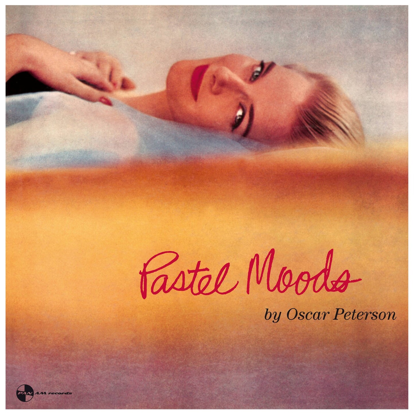 Woman's face on album cover with pastel-colored background and text.