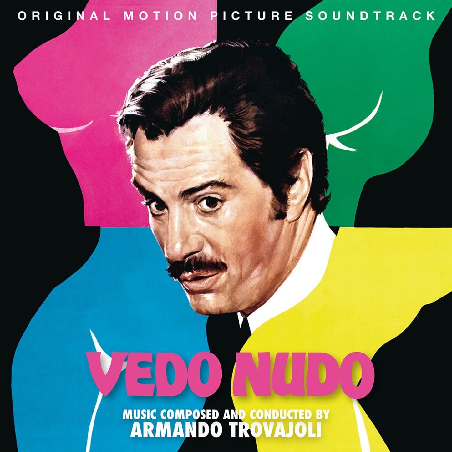 CD cover for "Vedo Nudo" soundtrack featuring a man’s portrait with colorful blocks.