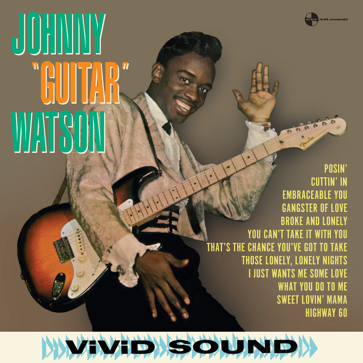 Johnny Guitar Watson album cover featuring the musician with a red guitar.