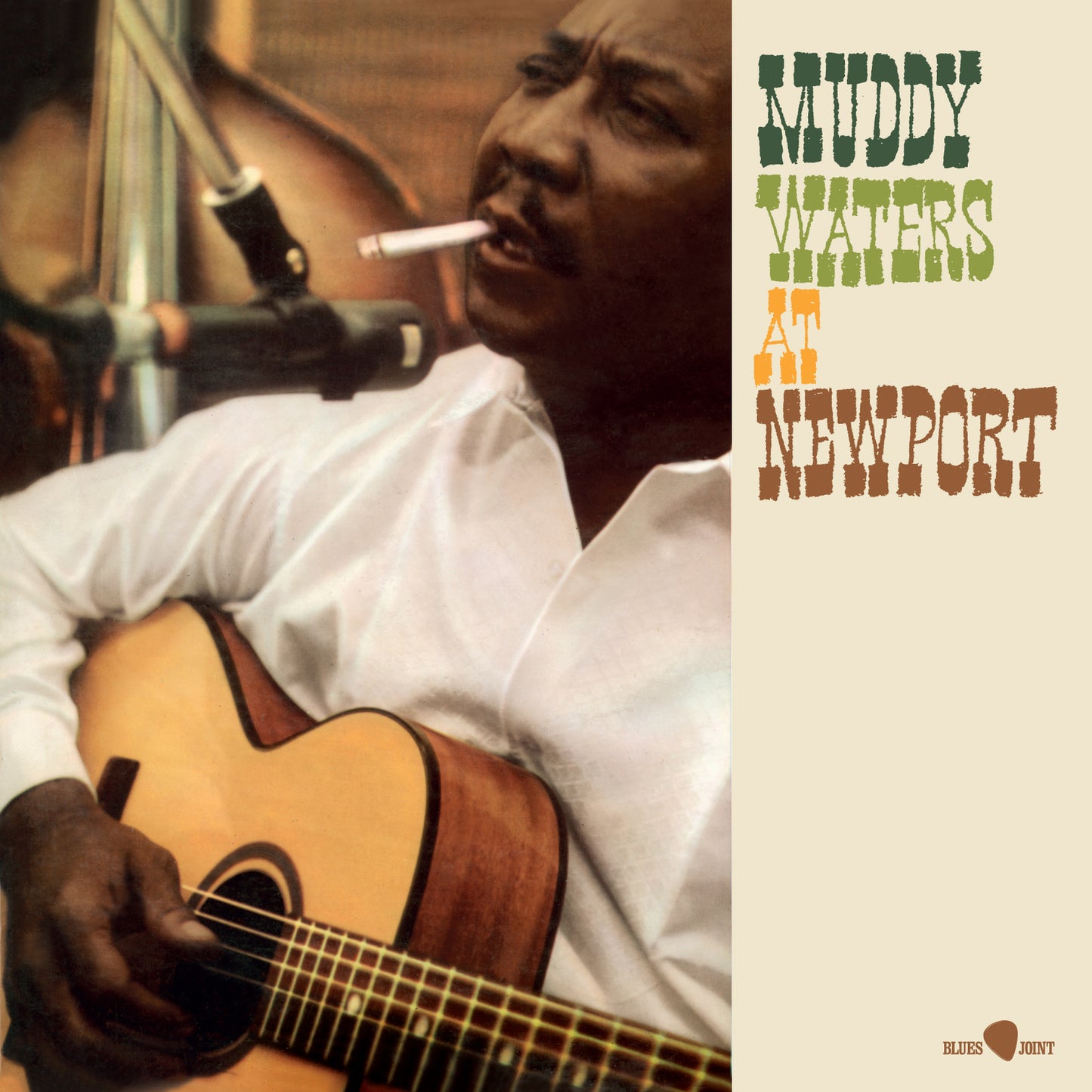 Muddy Waters playing guitar, album cover for "At Newport" vinyl record.