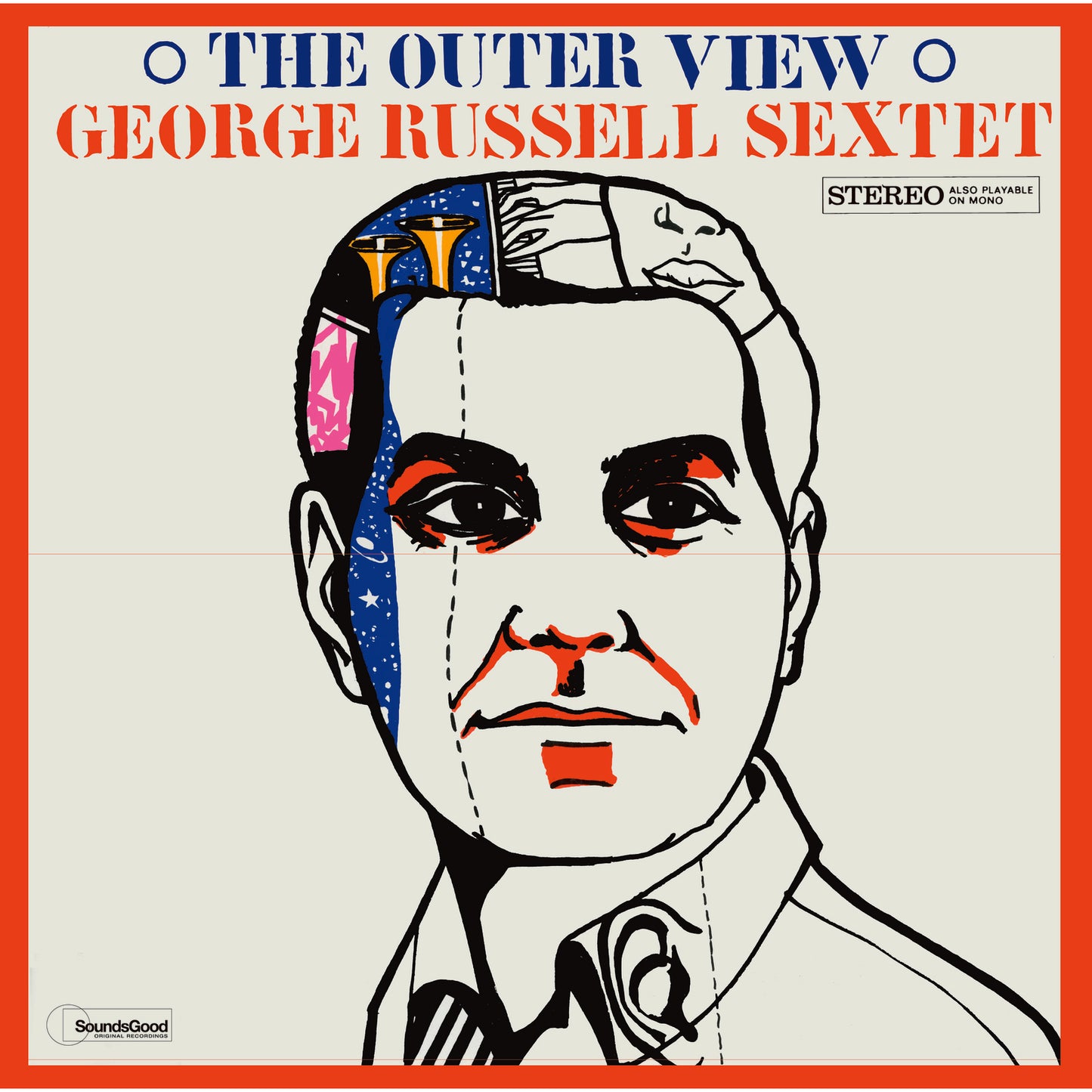 Record album cover featuring a split-face portrait in red, blue, and white.