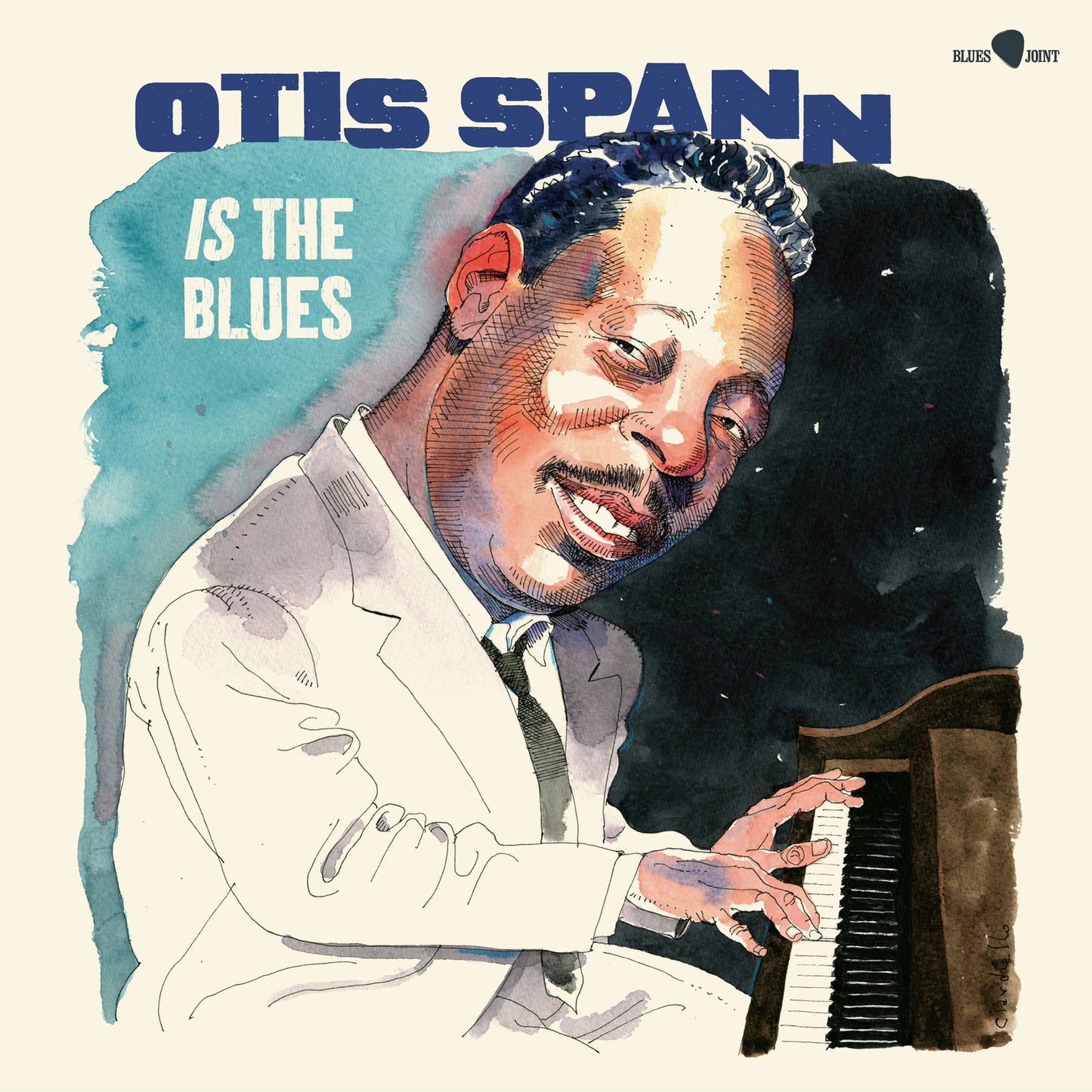 Watercolor portrait of Otis Spann at a piano, album cover art.