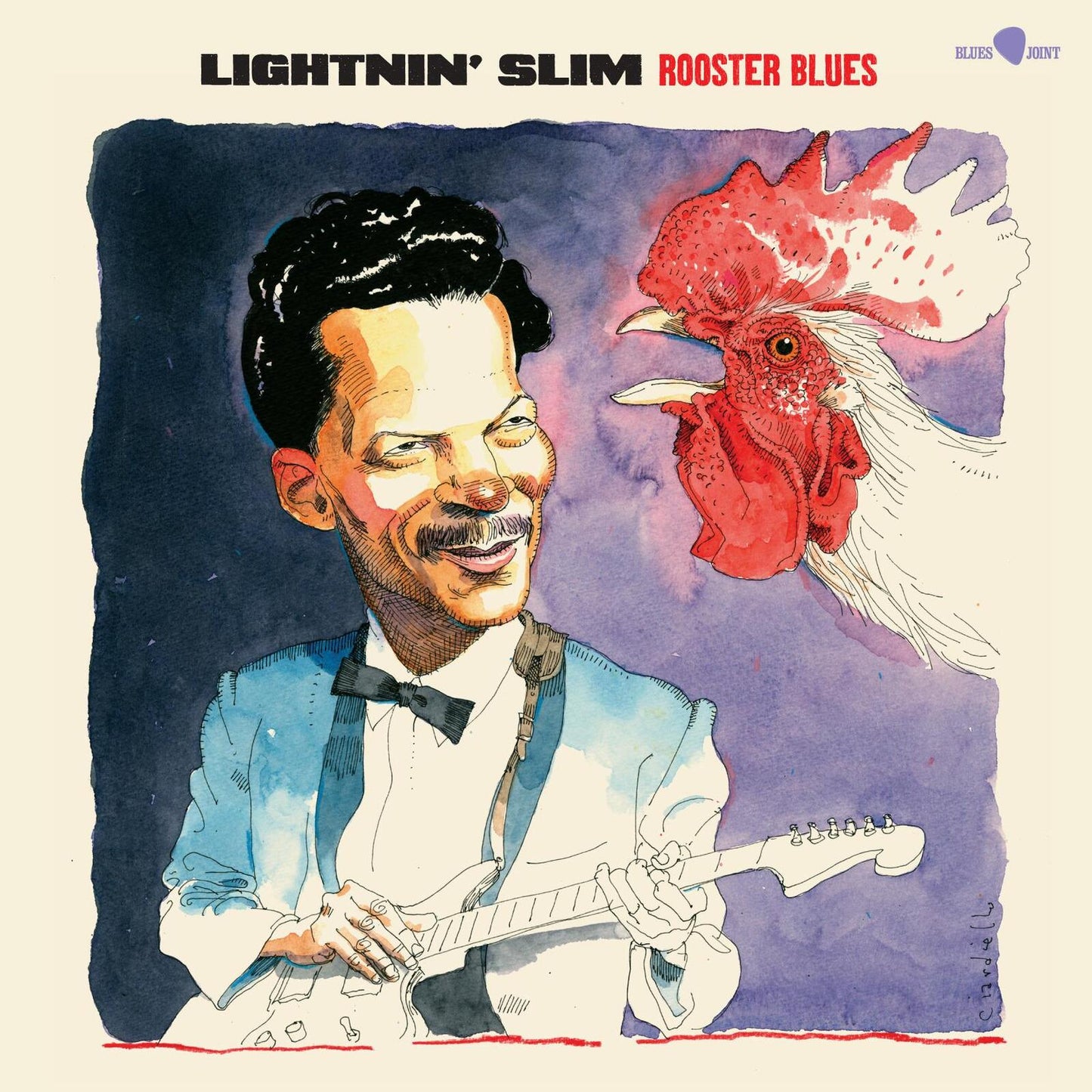 Album cover: Lightnin’ Slim with a painted rooster and guitar.