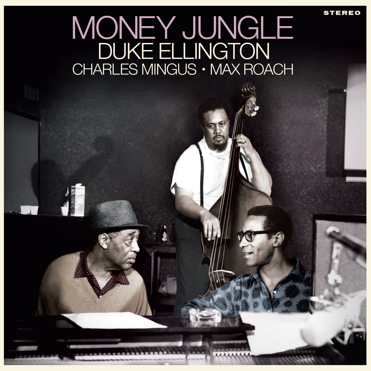 Album cover for Duke Ellington’s “Money Jungle” featuring three jazz musicians.