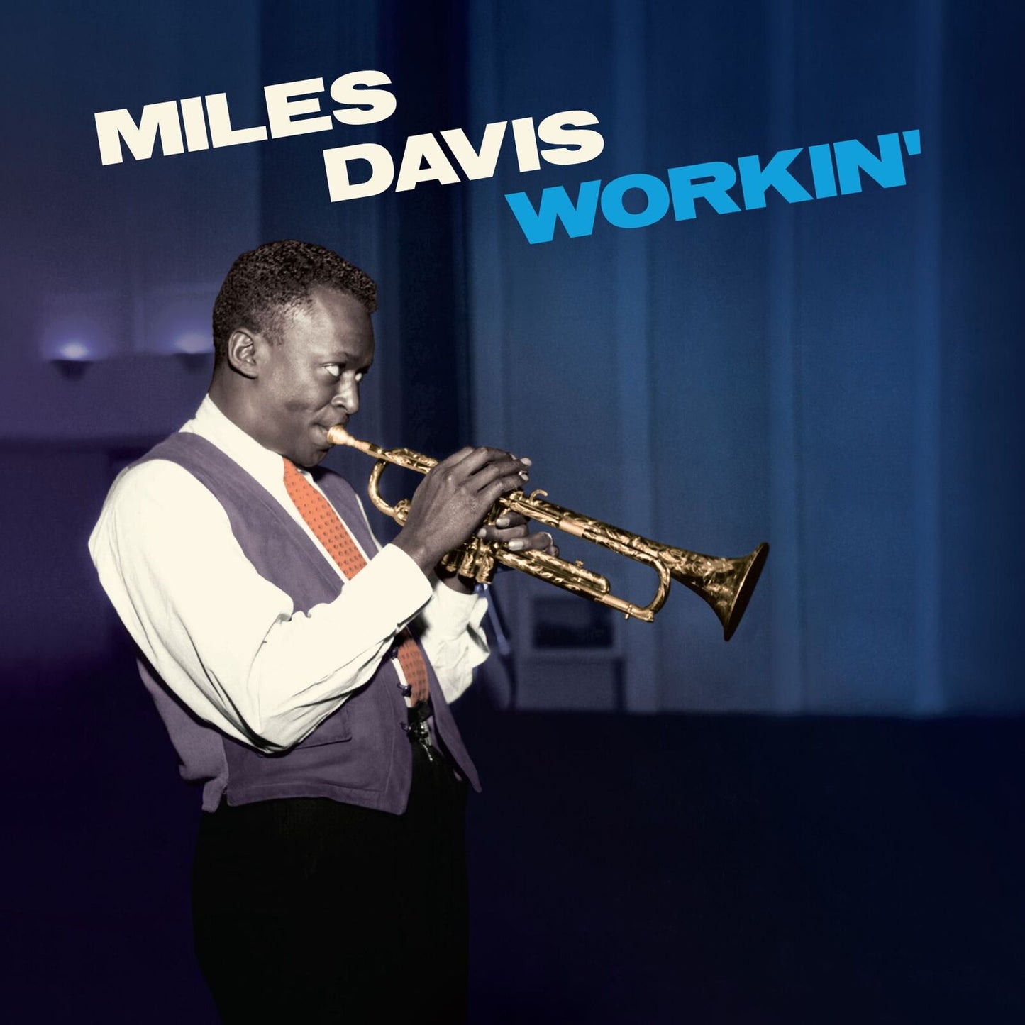 Miles Davis playing trumpet, album cover for “Workin’”.