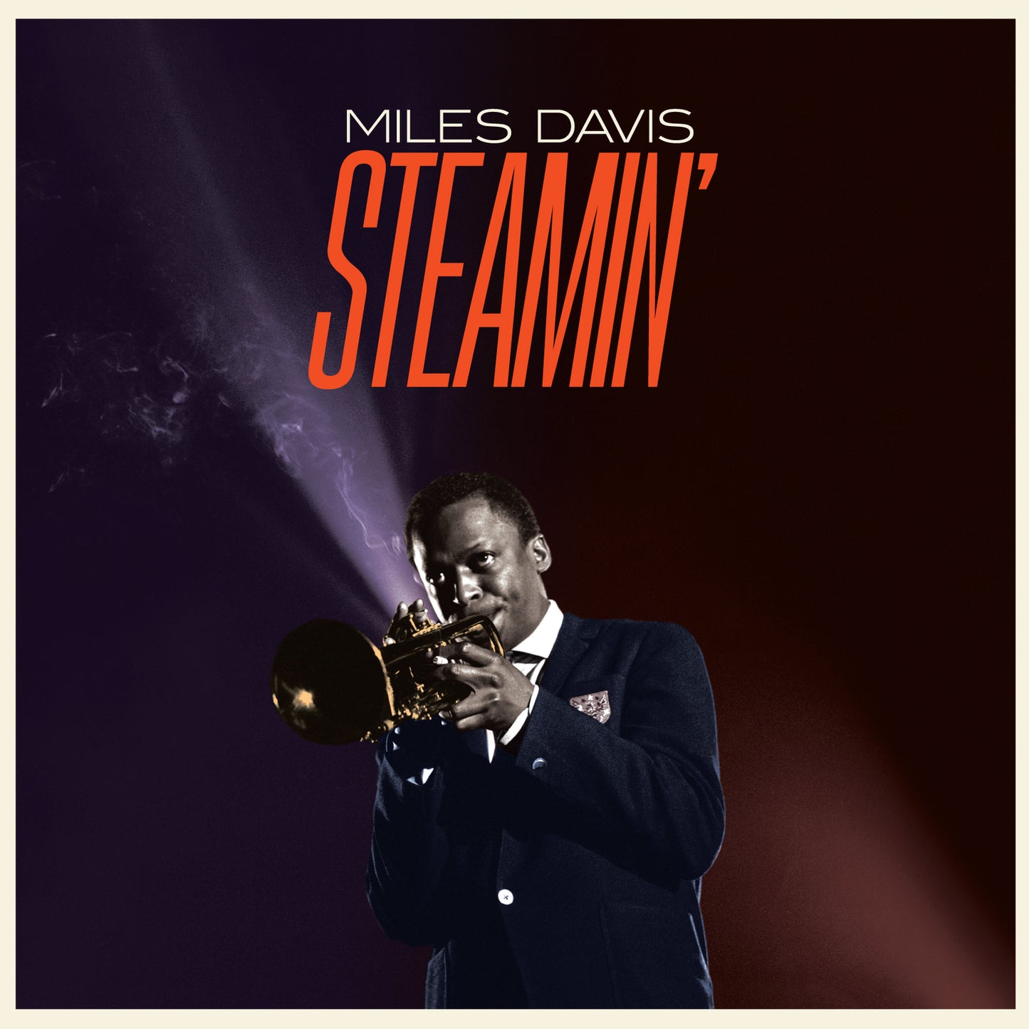 Miles Davis playing trumpet, album cover for “Steamin’”, red text on dark background.