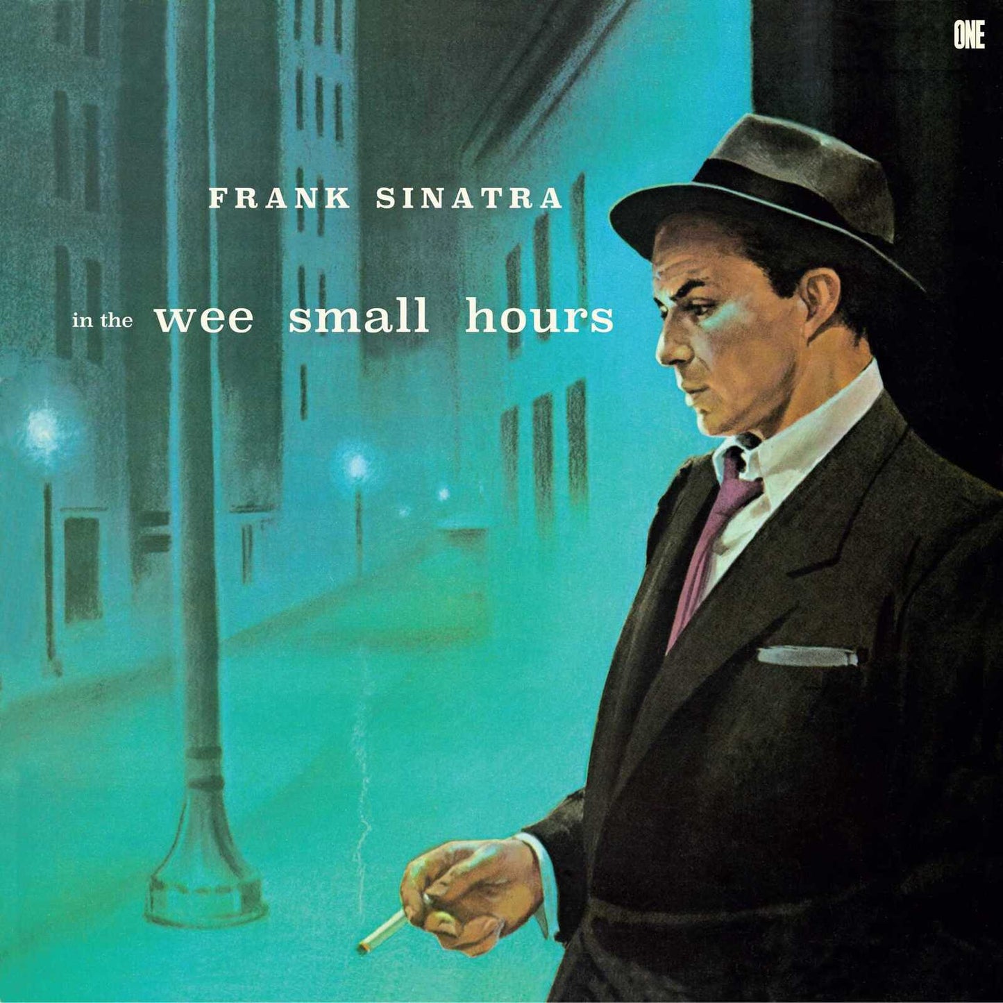 Frank Sinatra in a hat and suit holding a cigarette against a blue street.