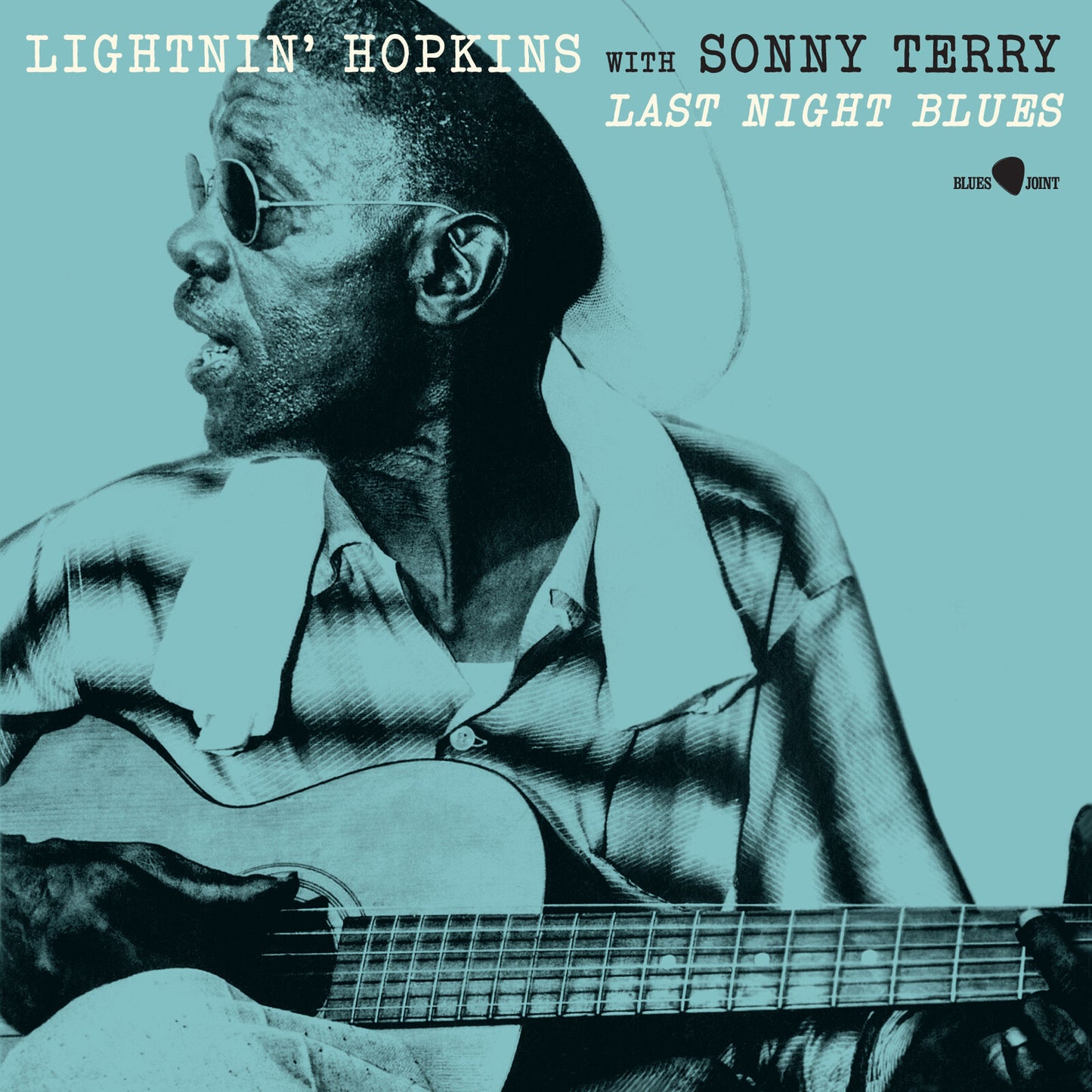 Lightnin' Hopkins portrait with guitar, album cover for "Last Night Blues.