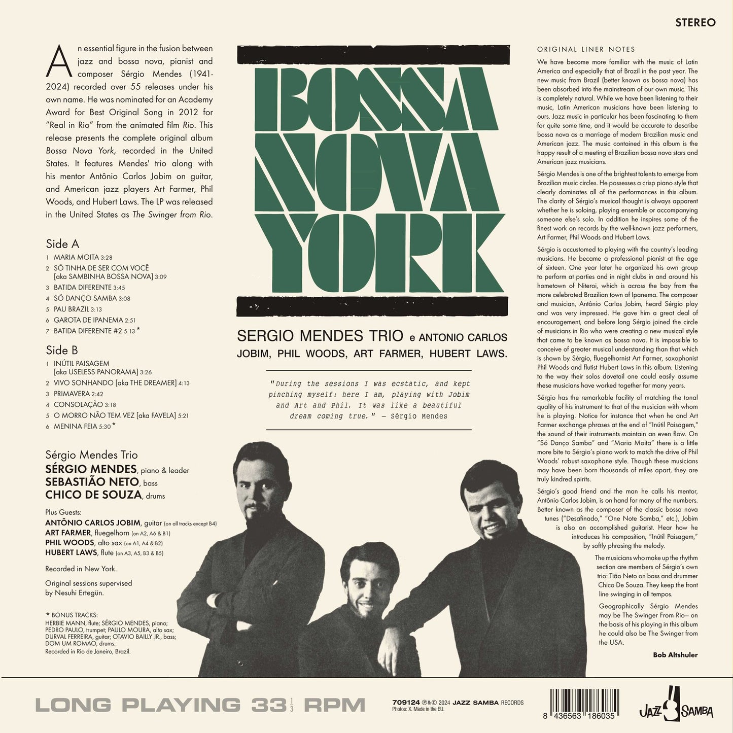 Vinyl back cover for Sergio Mendes Bossa Nova York with tracklist and band photo.