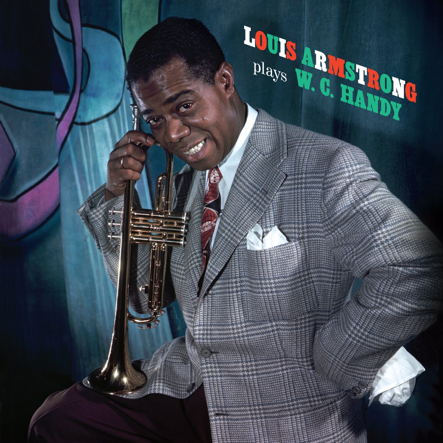 Louis Armstrong smiling while holding a trumpet, wearing a plaid blazer and patterned tie.