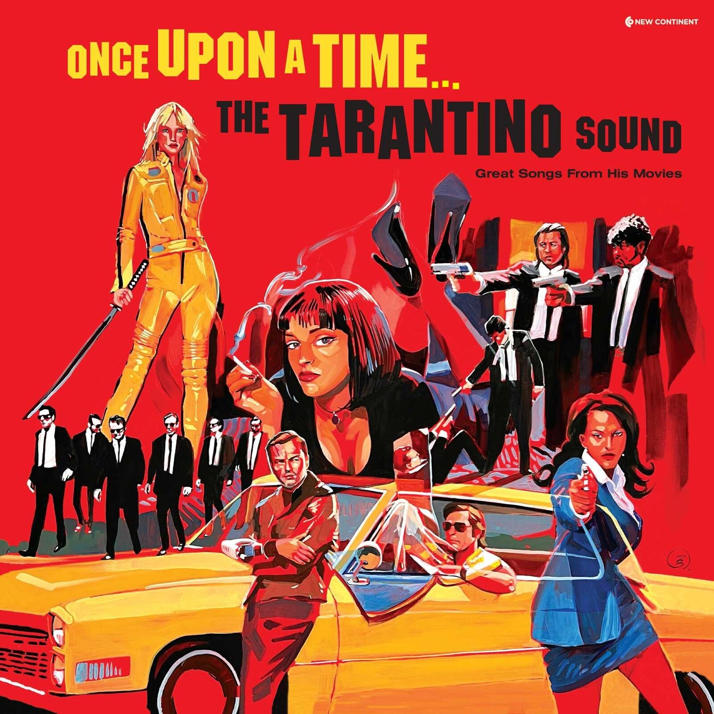 Vinyl cover art featuring stylized illustrations of various characters from Quentin Tarantino films.