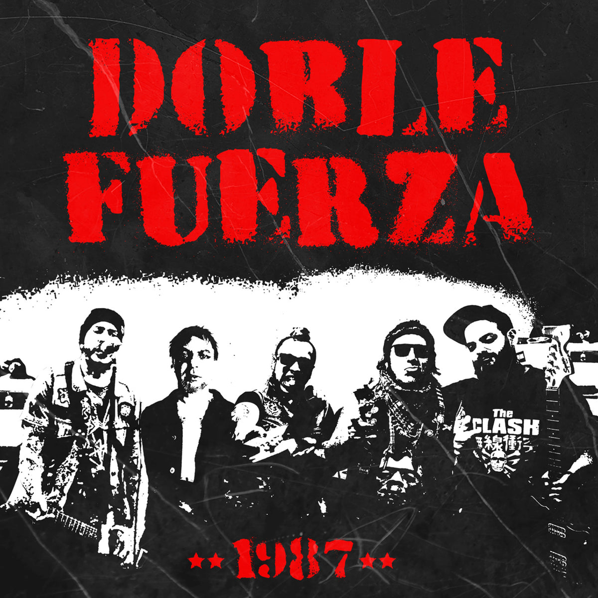 Black and white band photo with red "Doble Fuerza" text and 1987 date.
