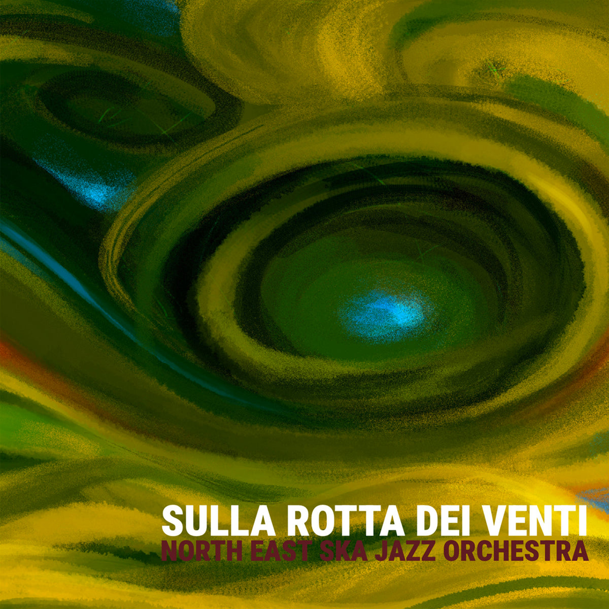 Album cover: swirling green and yellow abstract art with band name.