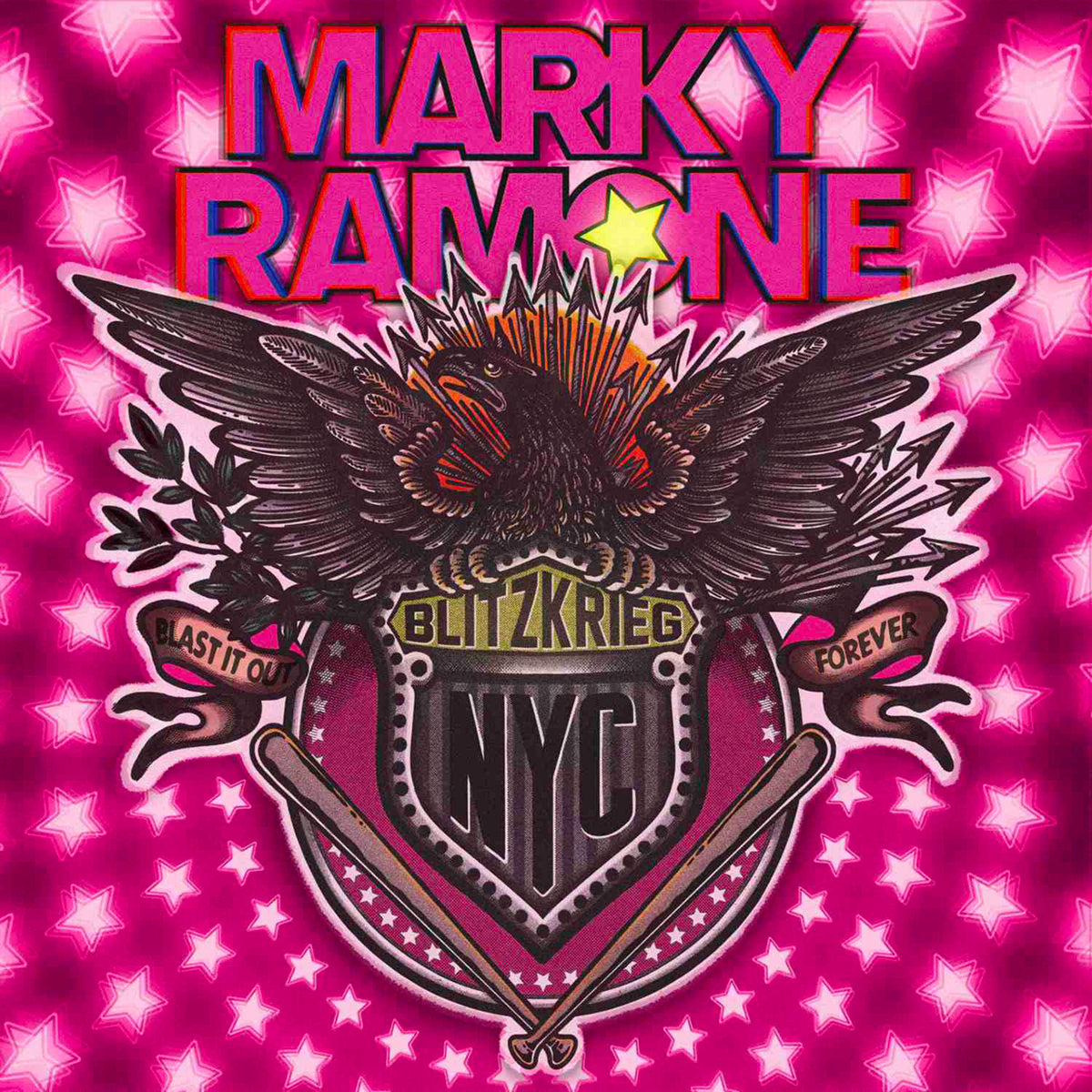 Marky Ramone’s “Blitzkrieg” vinyl album cover with eagle and NYC design.