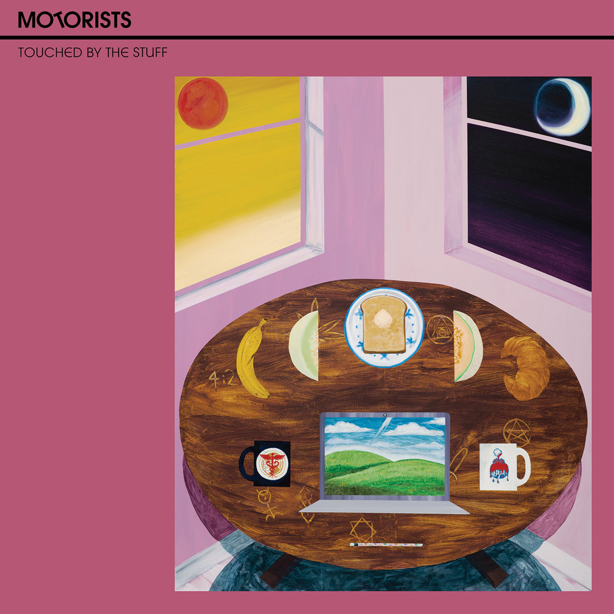 Album cover for Motorists’ “Touched By The Stuff” with surreal still life.