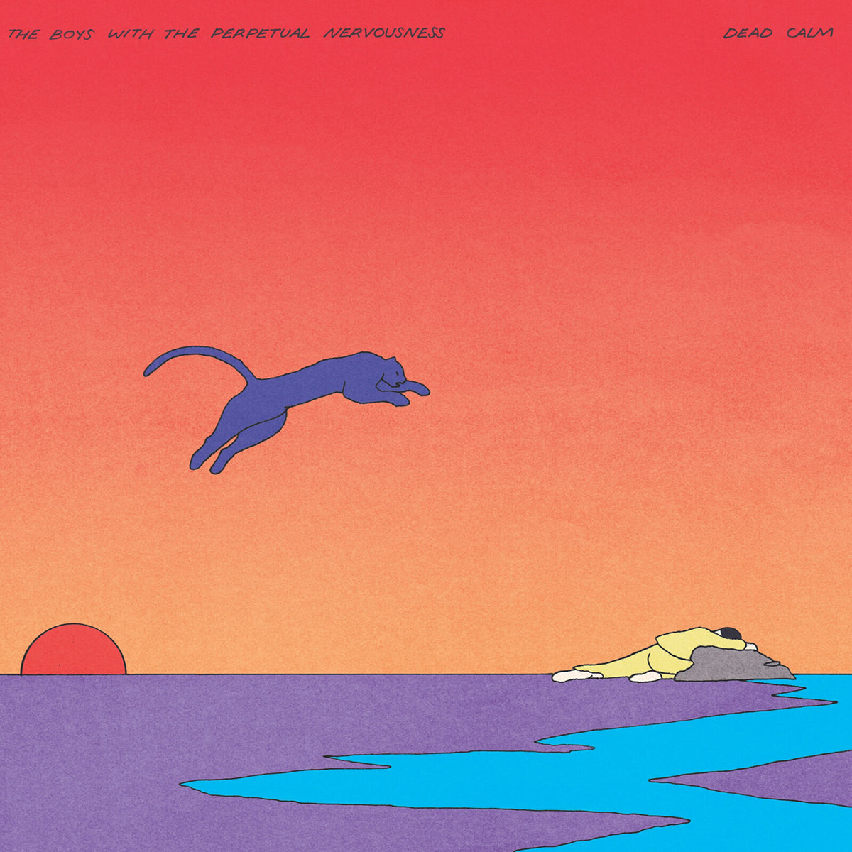 Album cover: red sky, blue water, a flying cat, and a figure on the shore.