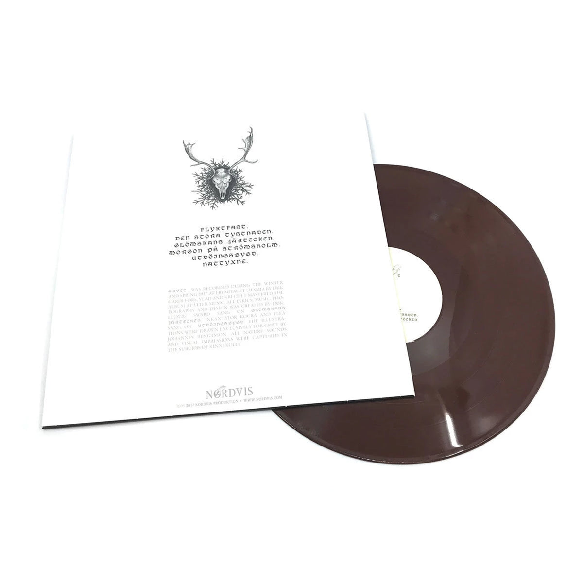 Brown vinyl record with white text and deer skull illustration.
