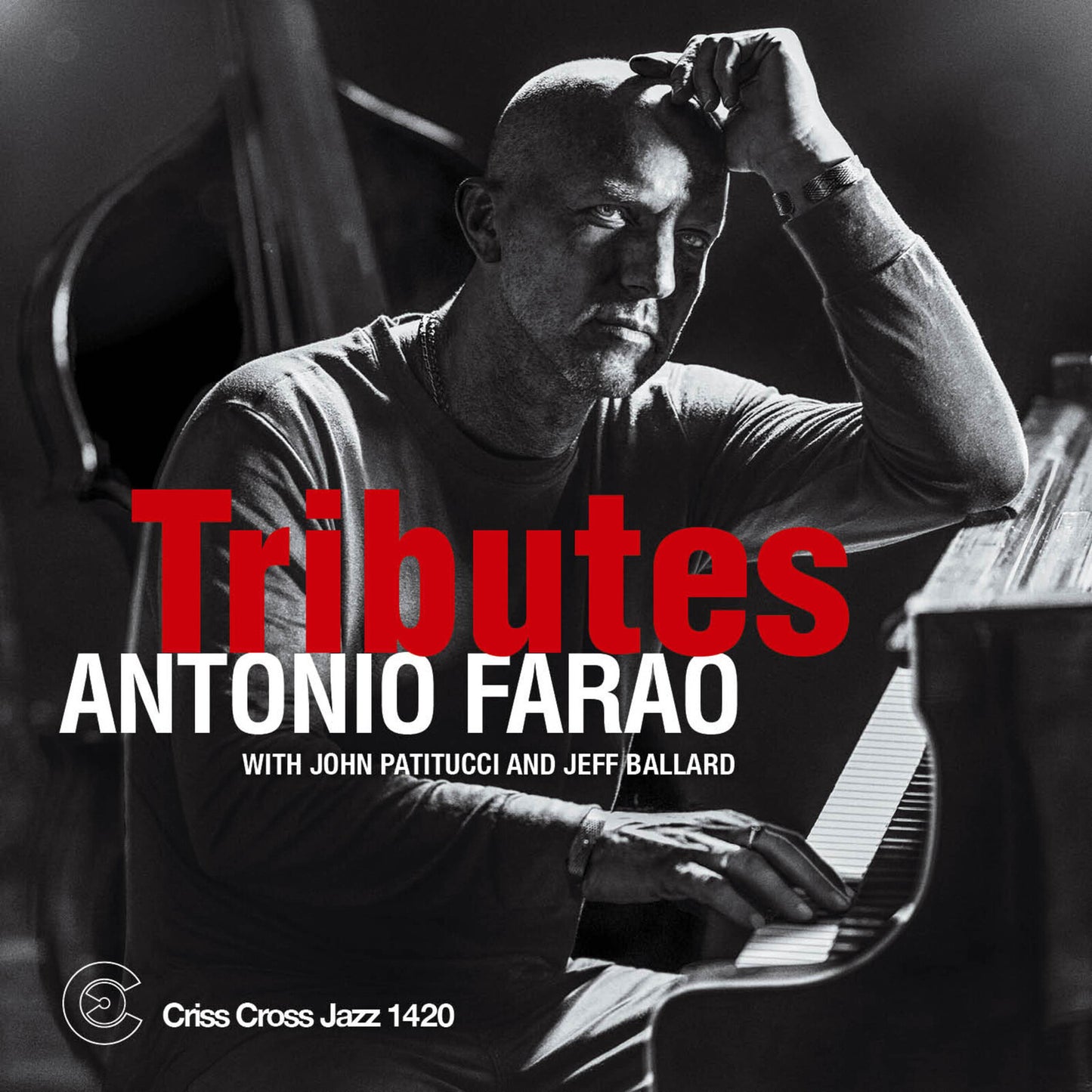 Black and white portrait of Antonio Farao playing piano with text overlay.