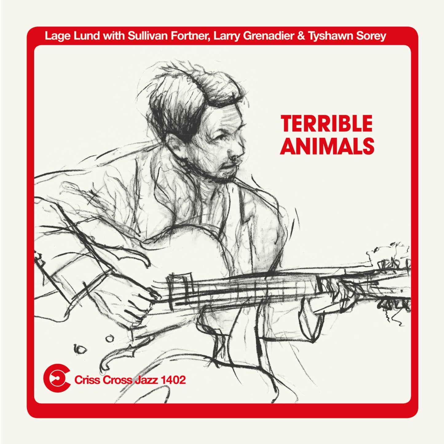 Sketch of a guitarist playing, album cover for "Terrible Animals.