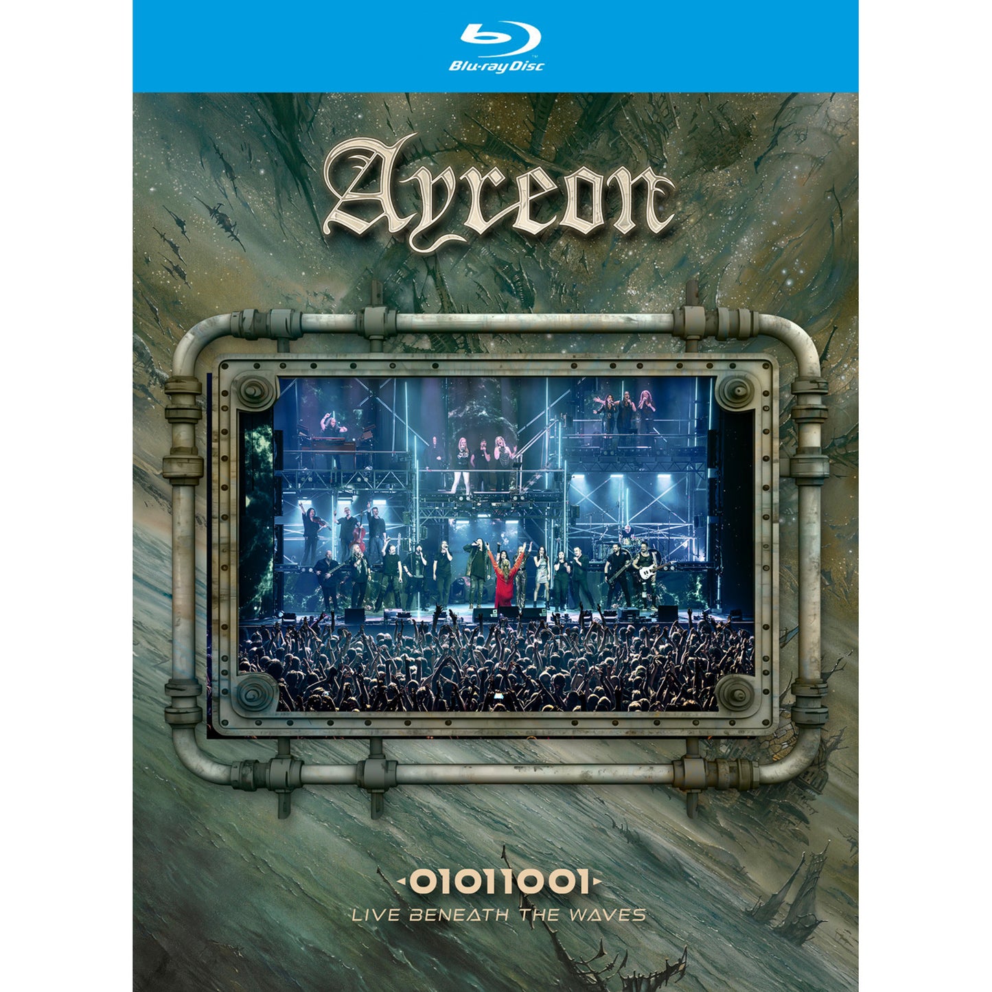 Blu-ray cover featuring Ayreon performing live on stage inside a metal porthole frame.