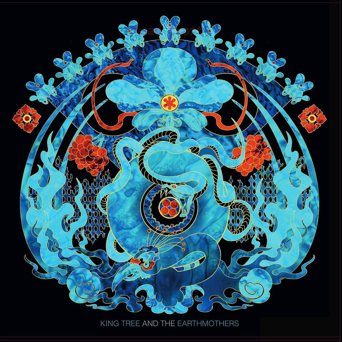 Circular album art with a blue dragon and floral designs on black.