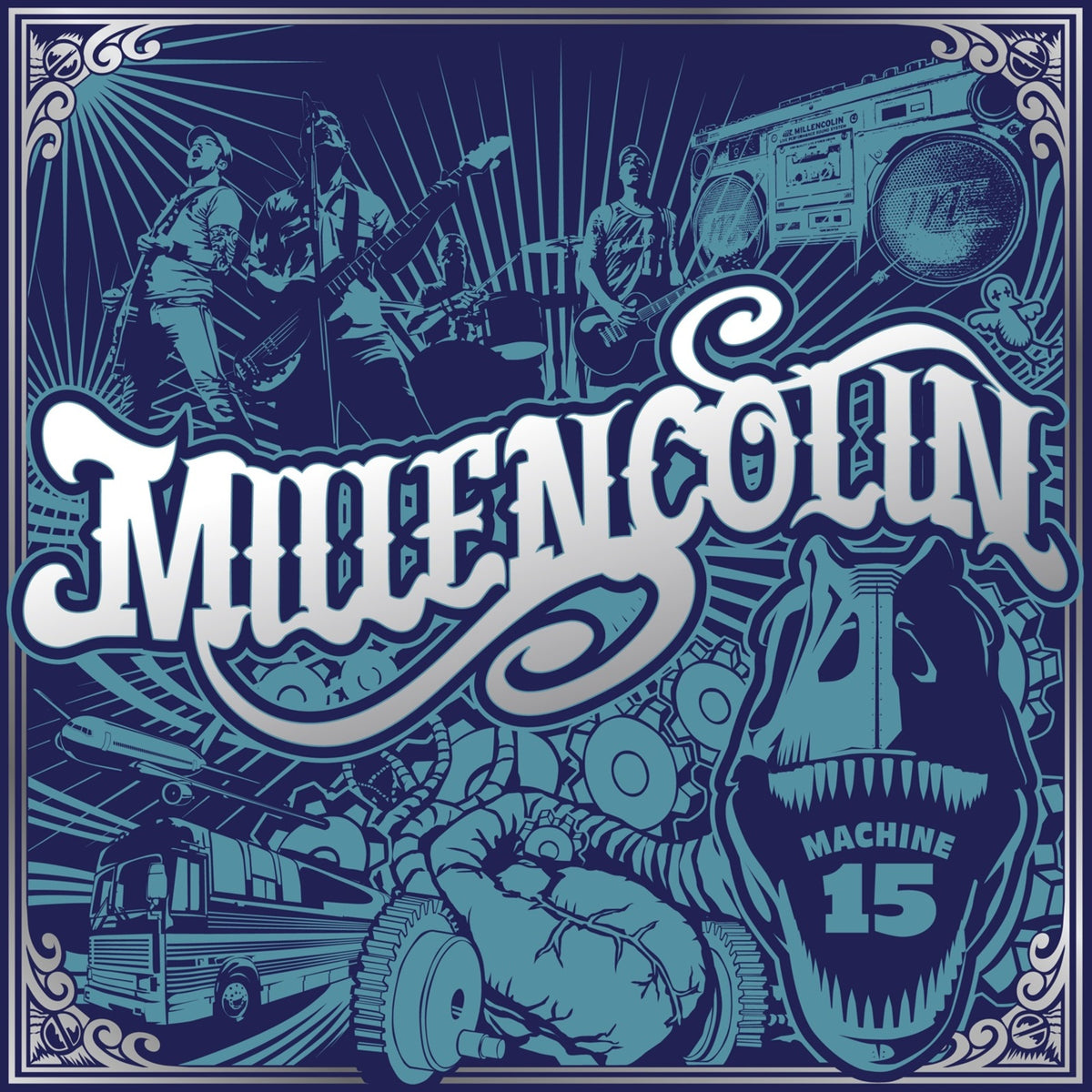 Millencolin album cover: band playing with a boombox and mechanical elements.